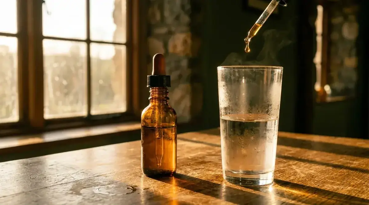 A kitchen table in morning light with a small amber bottle of drops, a glass of water and a folded newspaper