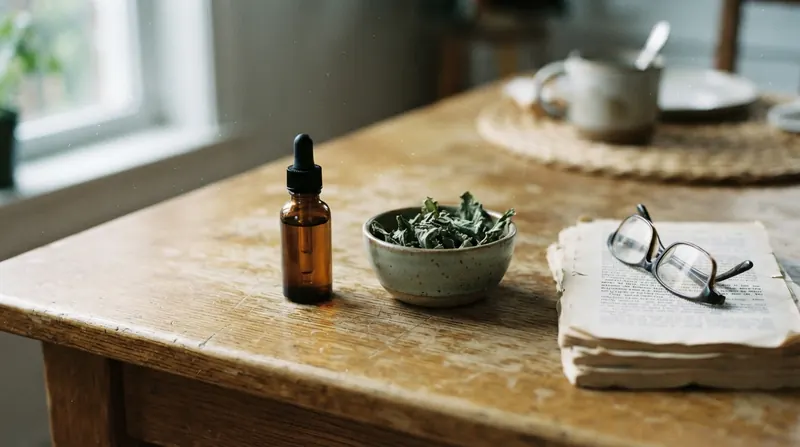 A wooden kitchen table with an amber dropper bottle, a mortar of dried mullein leaves and reading glasses on printed pages