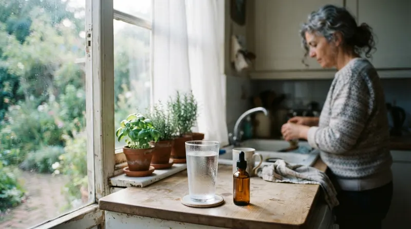 A glass of water on a kitchen counter with an amber dropper bottle beside it and morning light through a window