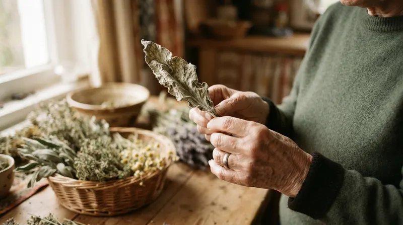 An elderly woman's hands holding a dried mullein leaf up to window light, a basket of dried herbs behind