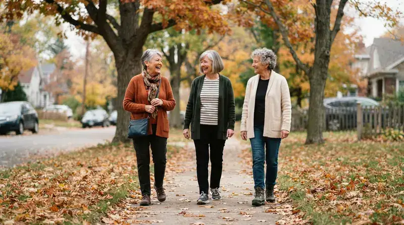 Three older women walking a tree-lined sidewalk together in autumn morning light