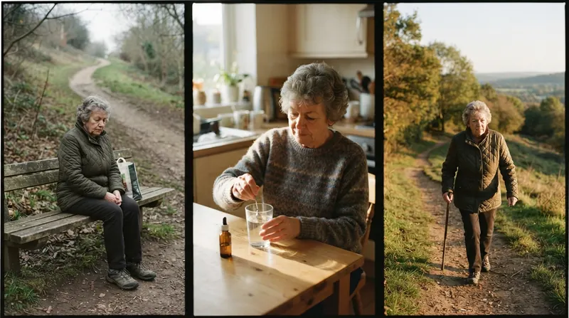 Three-panel before and after: sitting at the bottom of the hill, the morning ritual at the kitchen table, walking up the hill