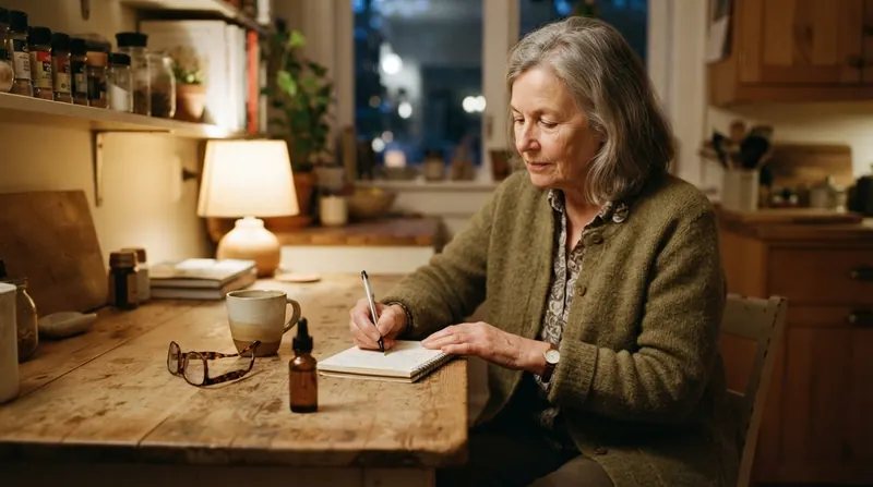 An older woman handwriting a thank-you note at her kitchen desk in lamplight