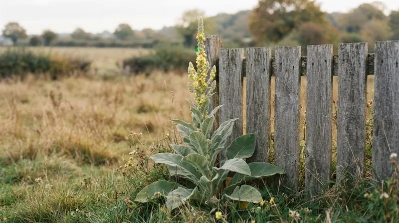 A tall mullein plant with fuzzy leaves and a yellow flower stalk against a weathered fence