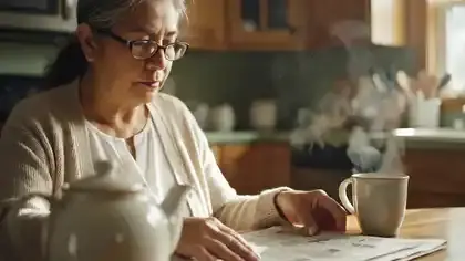 An older woman reading at a kitchen table, turning a page, seamless loop