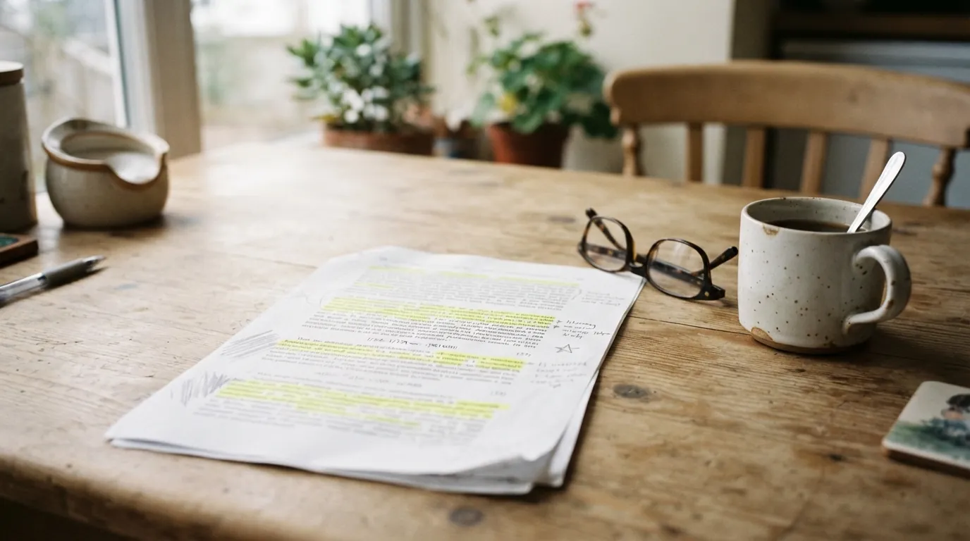 A printed study page with hand-drawn highlighter marks and pencil underlines resting on a kitchen table by reading glasses