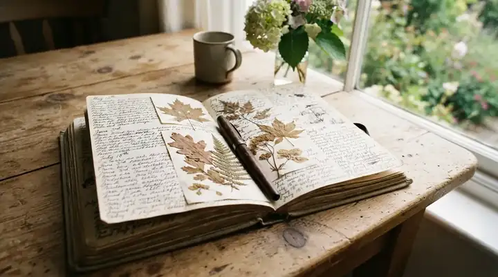 An open garden journal with handwritten dated entries, a pen resting in the fold, pressed dry leaves between the pages