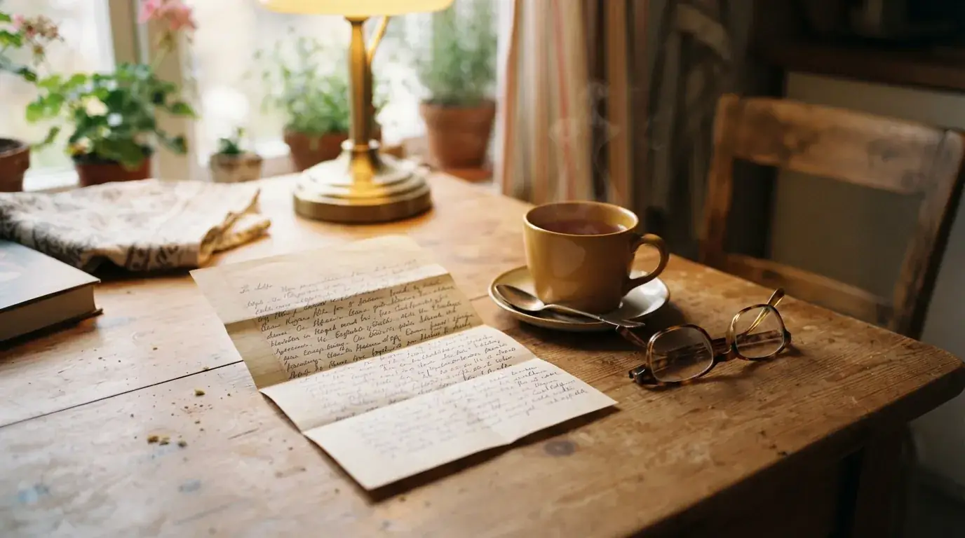 A handwritten letter half-folded beside a steaming cup of herbal tea and reading glasses on a kitchen table