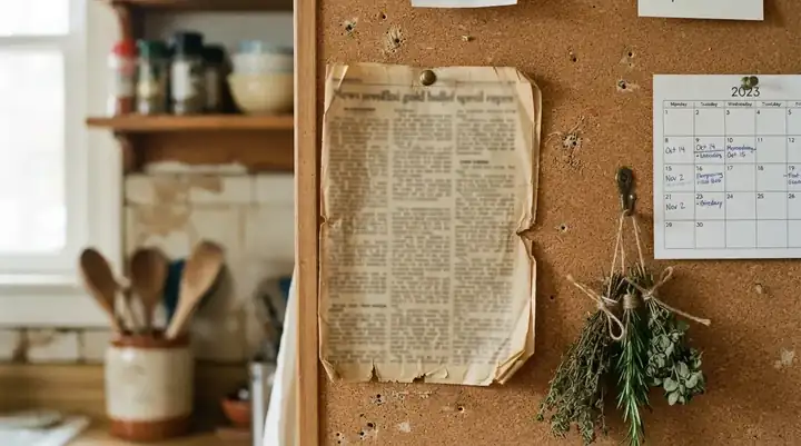 A yellowed newspaper clipping pinned to a cork bulletin board beside a small calendar and bundles of dried herbs