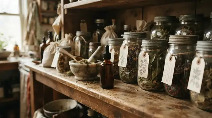 A pantry shelf with an amber dropper bottle, mason jars of dried herbs with small handwritten labels, twine and a mortar and pestle